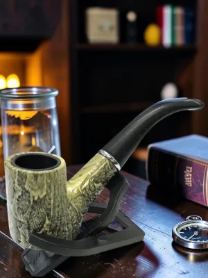 Zeloravion Sherlock Pipe 5 Inch Snake Skin Pattern Wood Tobacco Pipe with Leather Pouch and Stand