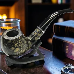 Zeloravion Long Stem Wood Pipe, Spotted Beige Pattern, 5.75 inch Length with Storage Pouch and Display Stand