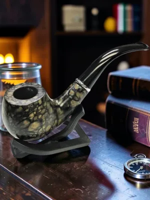 Zeloravion Long Stem Wood Pipe, Spotted Beige Pattern, 5.75 inch Length with Storage Pouch and Display Stand