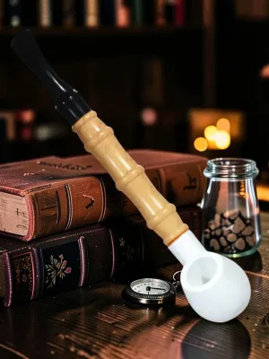 Zeloravion Churchwarden Pipe, White Bowl, 10-Inch Long Stem